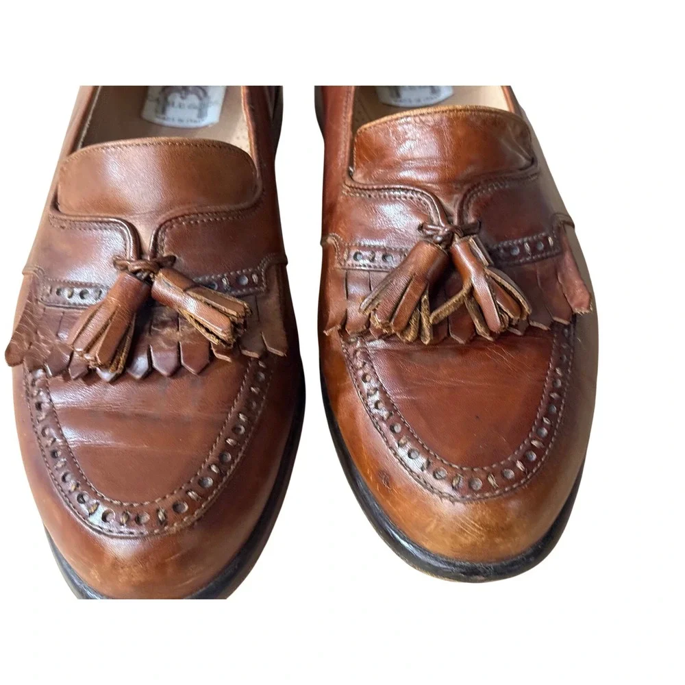 Cable & Co Mens Cognac Leather Tassel Kiltie Loafers Made in Italy Brogue 10.5M